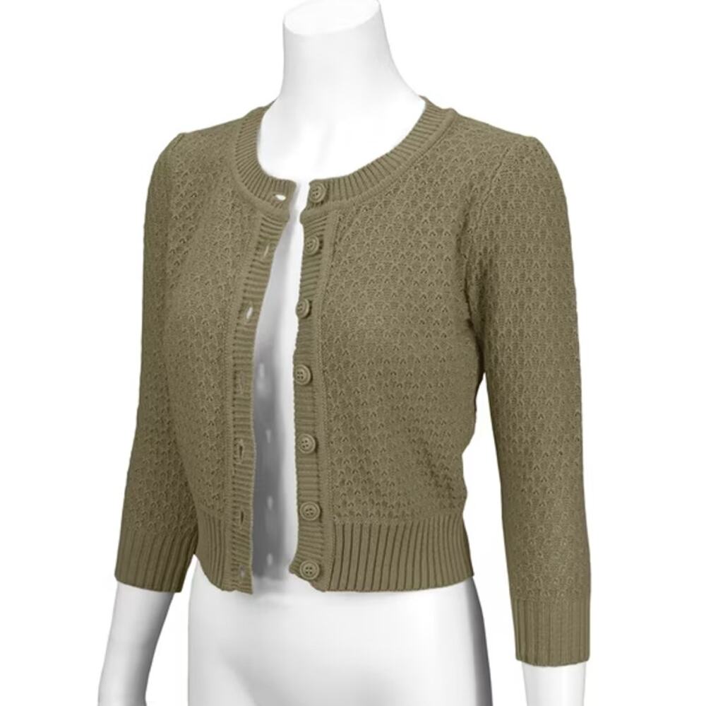 YEMAK Women Crewneck Button 3/4 Sleeve Cropped Cardigan Sweater Olive Green XL